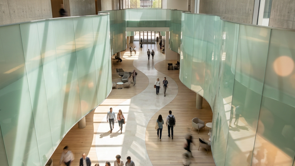 People moving through a light-filled public atrium.