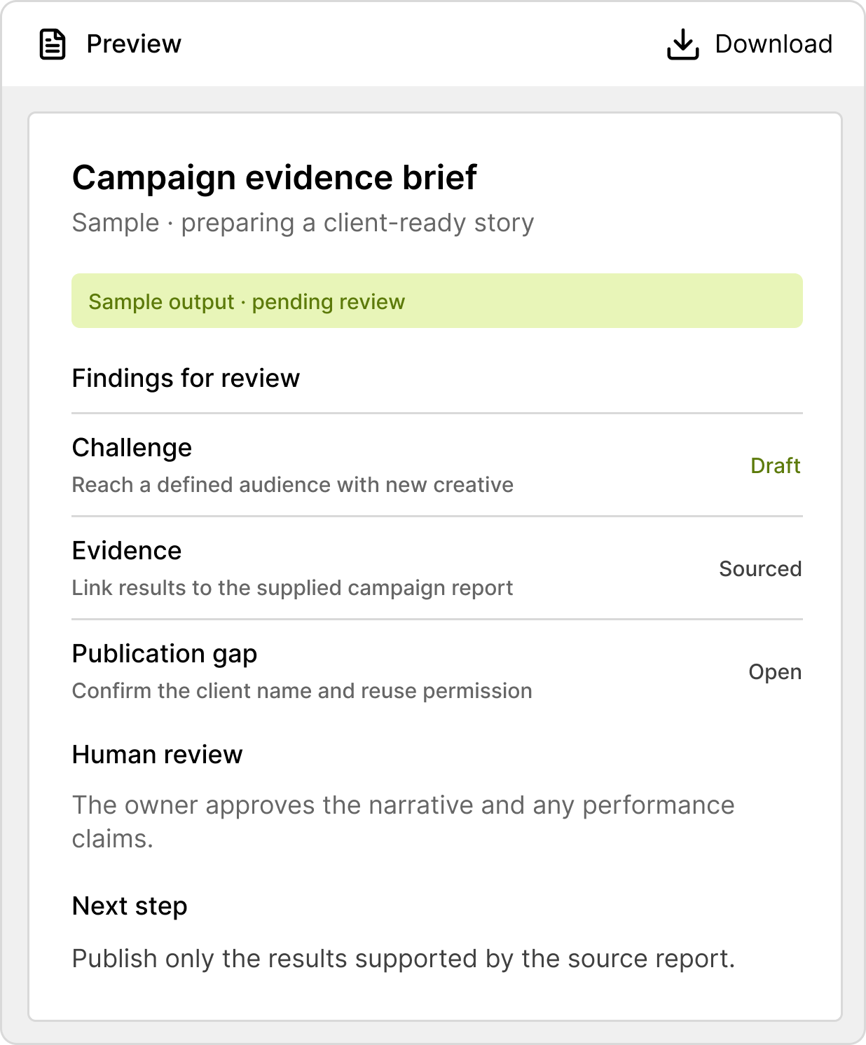 Example campaign evidence brief document (sample: preparing a client-ready story): Challenge — Reach a defined audience with new creative (Draft); Evidence — Link results to the supplied campaign report (Sourced); Publication gap — Confirm the client name and reuse permission (Open). The owner approves the narrative and any performance claims.