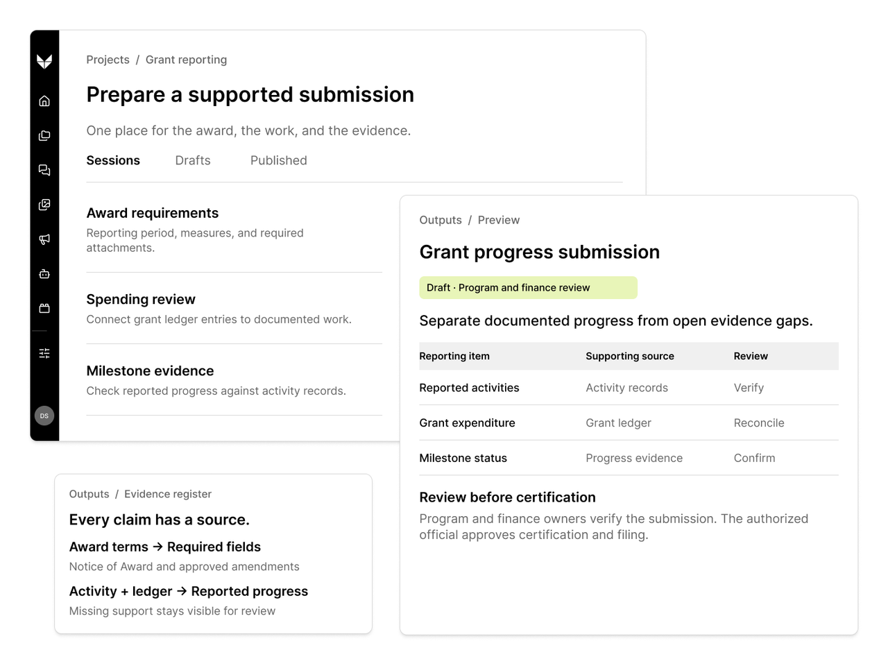 Veylan grant project sessions, evidence register, and a source-linked progress submission preview.