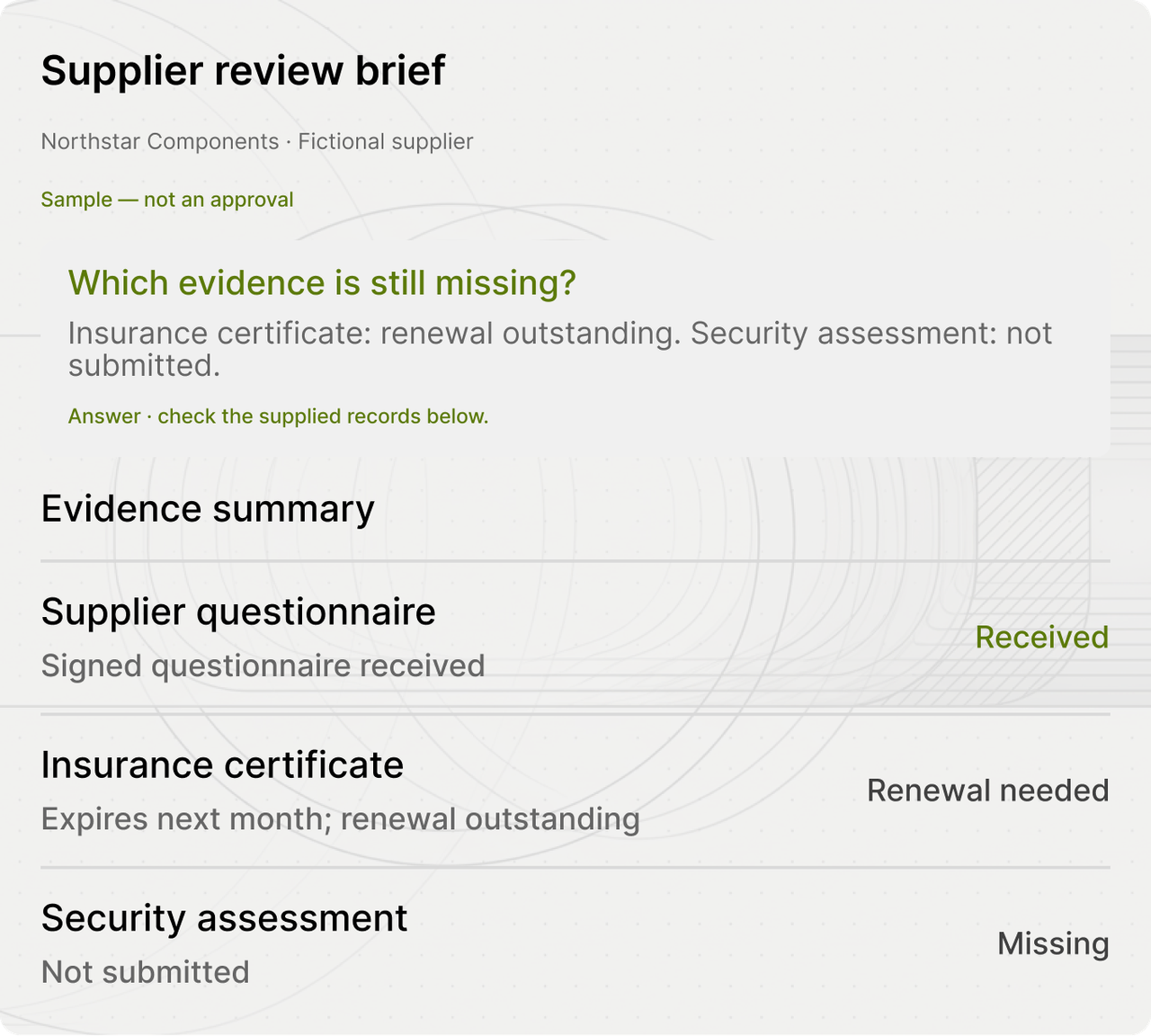Supplier-review answer with the supporting evidence and missing records visible.