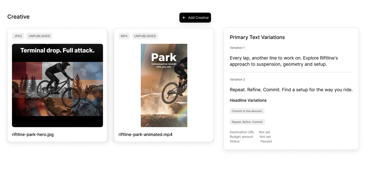 Riftline image and video creative beside primary text and headline variations in the campaign workspace.