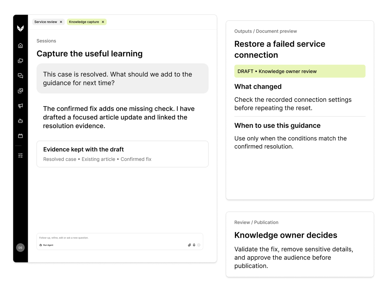 Veylan service conversation beside a reusable knowledge article draft and publication review.