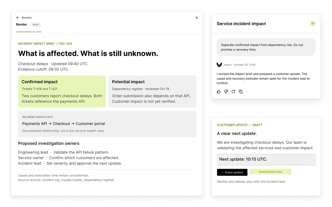 Veylan incident impact brief separating confirmed and potential service impacts, with dependency evidence and an editable customer update.