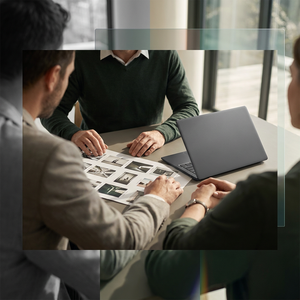 Colleagues reviewing printed campaign material.