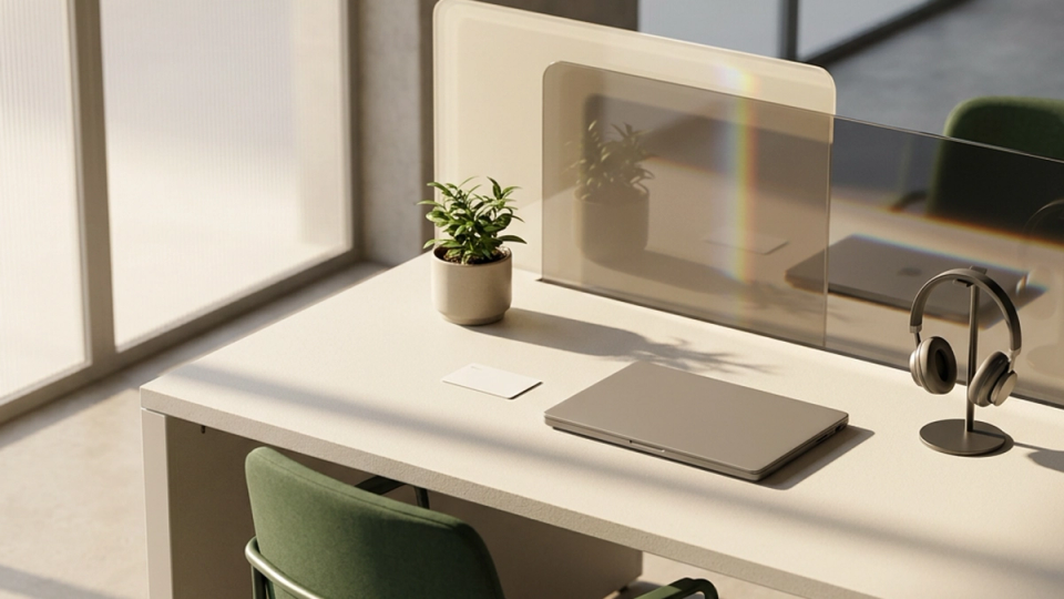 A prepared employee workstation with a laptop, headset, access card, and green chair.