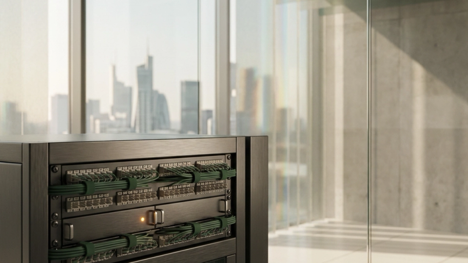 A telecommunications patch panel and equipment rack overlooking a city.