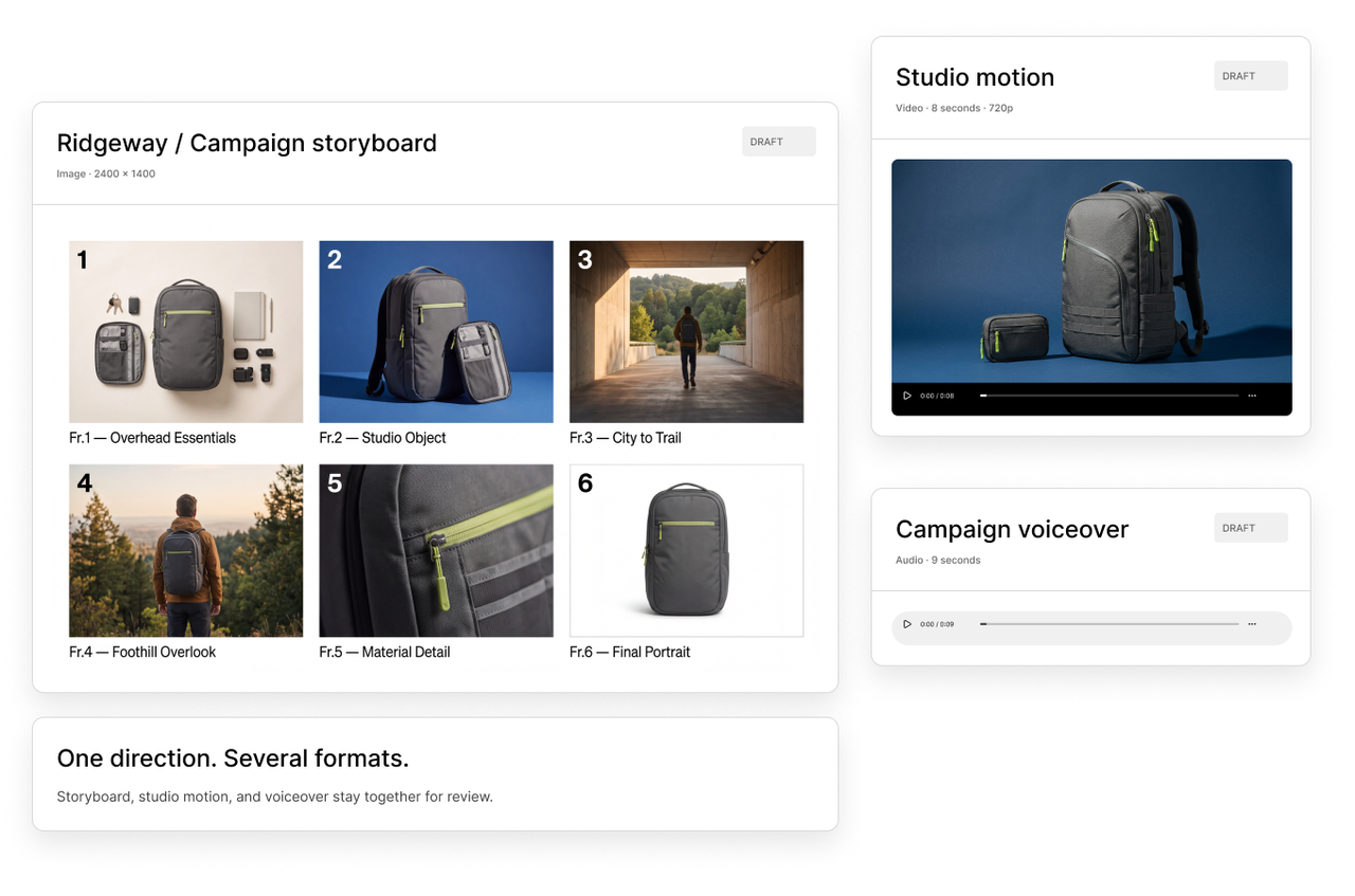 Campaign storyboard, studio video, and voiceover drafts grouped for creative review.