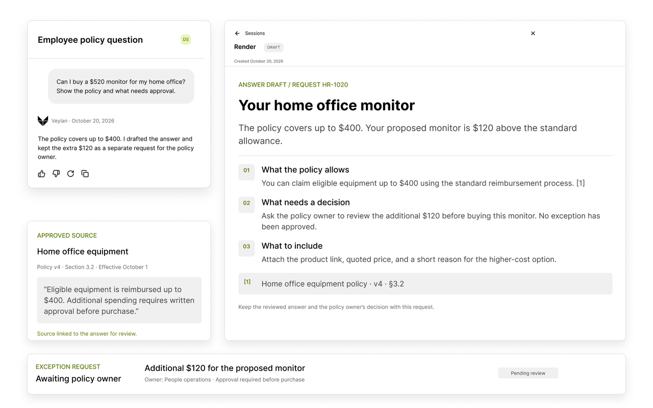 Veylan employee policy answer with the approved policy excerpt, a sourced response, and a separate request for the policy owner to review an exception.