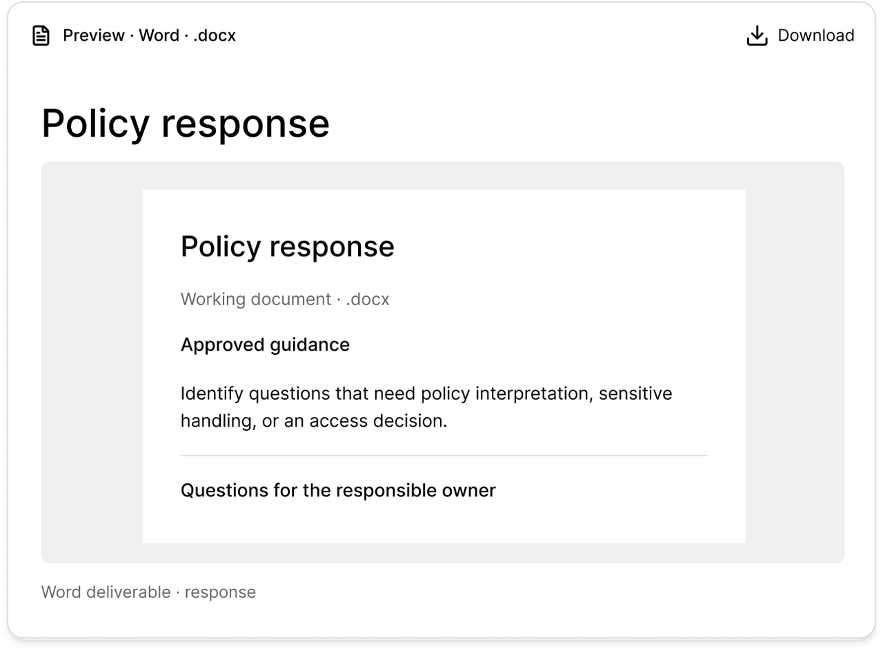 Draft policy response with questions for the responsible owner.