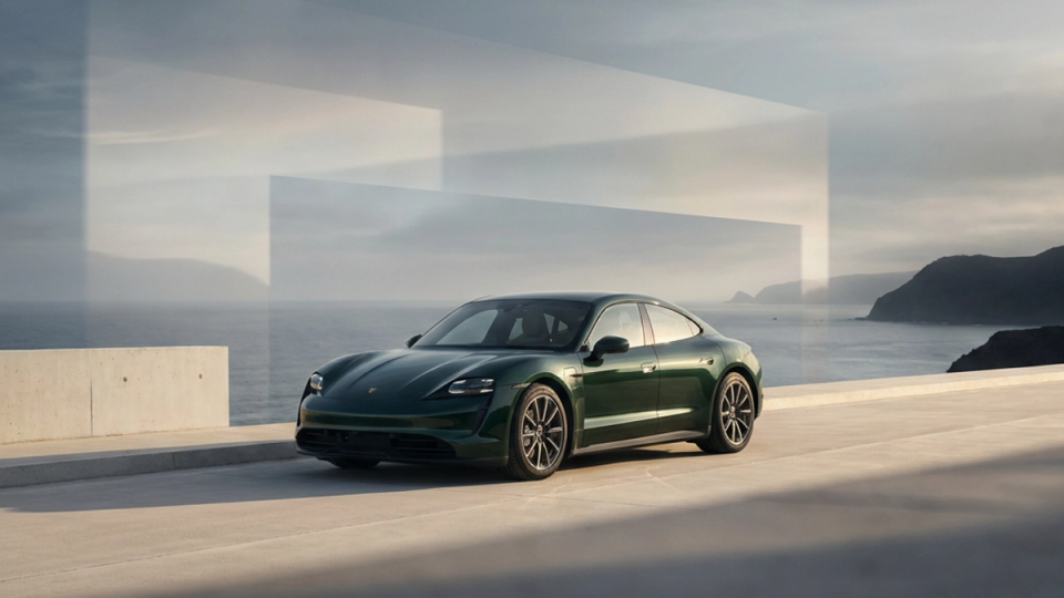 A deep-green luxury electric car photographed on a coastal road in warm evening light.