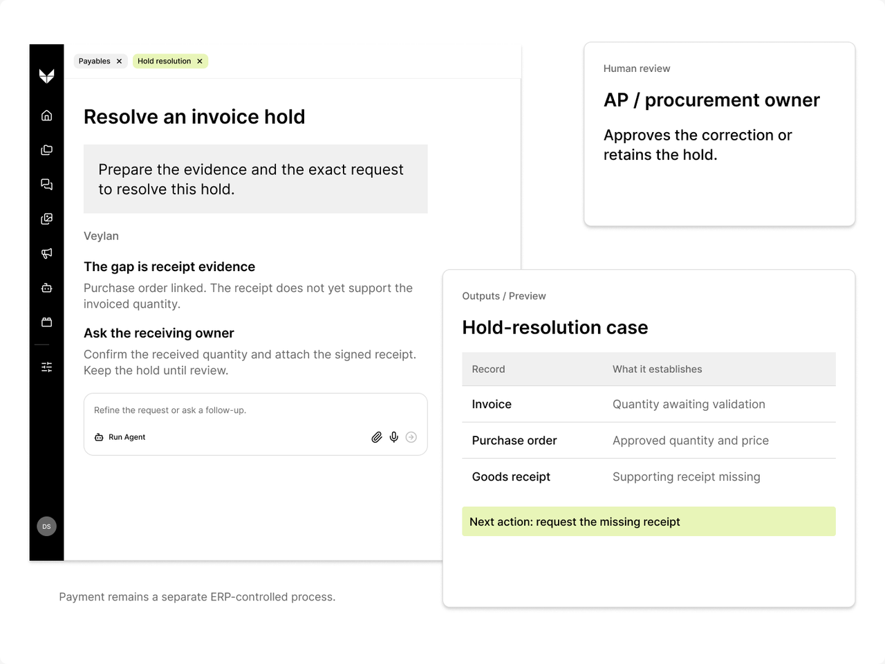 Veylan invoice review conversation alongside a hold-resolution preview and accountable owner review.