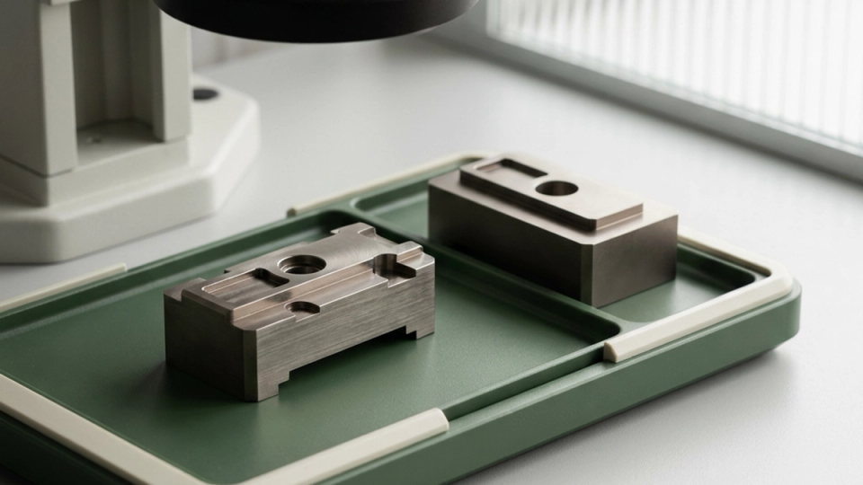 Machined components in a green inspection tray beneath an optical inspection instrument.