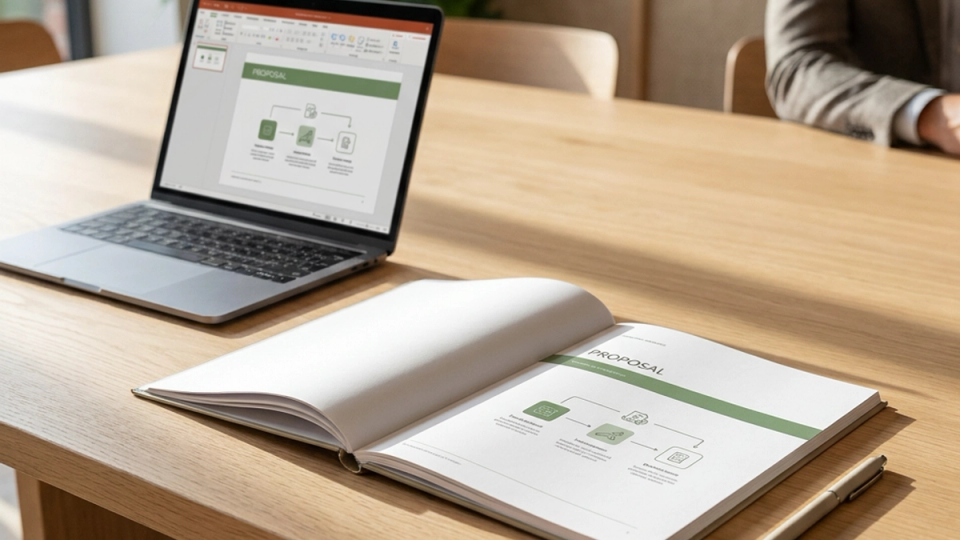 A sales proposal document and laptop prepared for review on a meeting table.