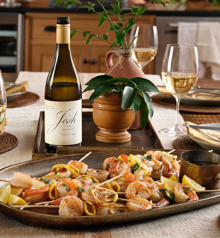Josh Cellars Chardonnay with shrimp skewers
