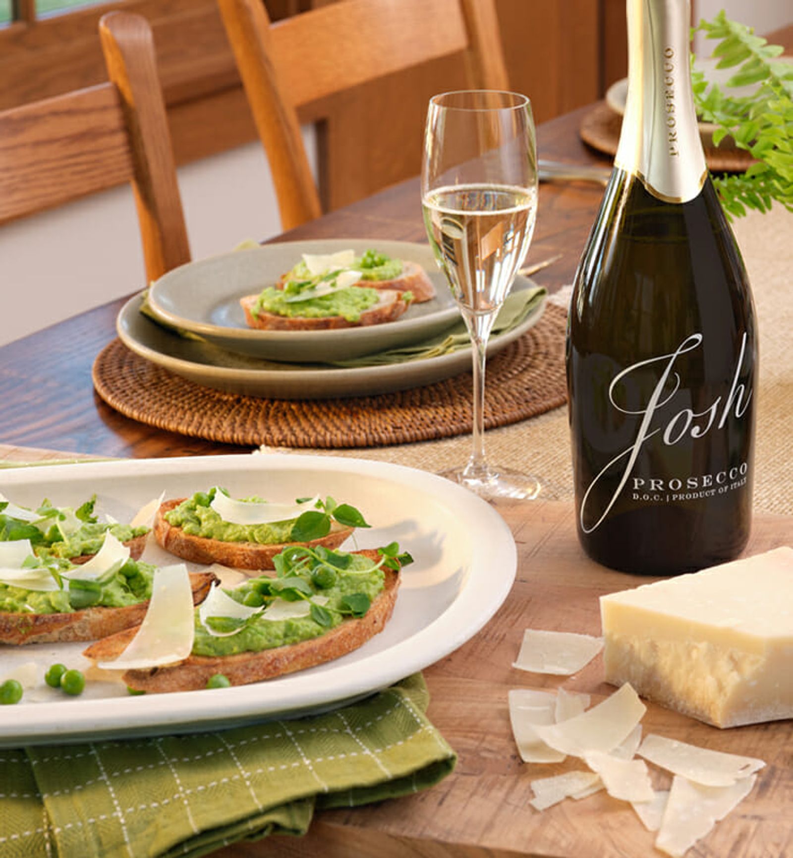 Josh Cellars Prosecco with pea bruschetta