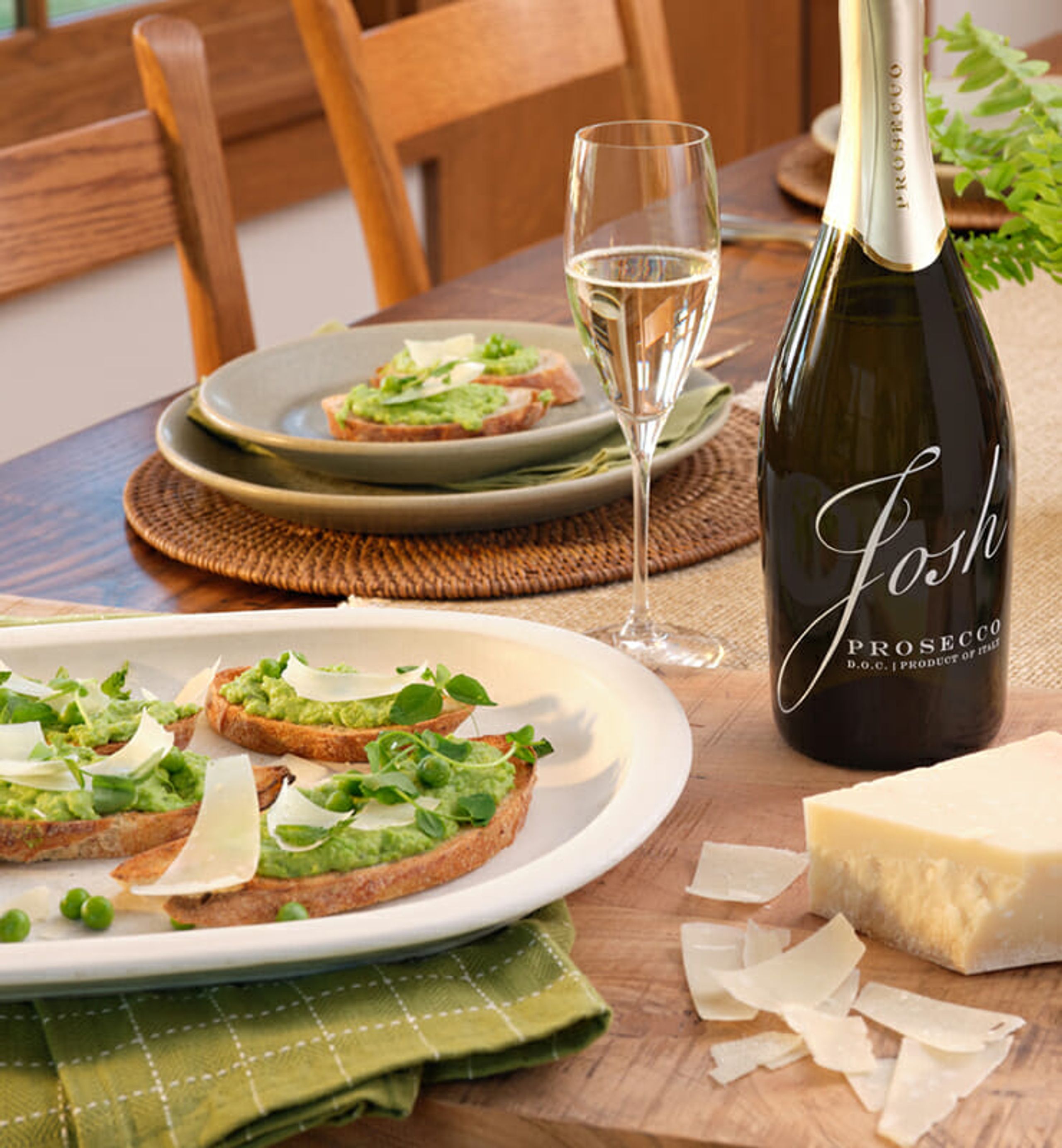 Josh Cellars Prosecco with pea bruschetta