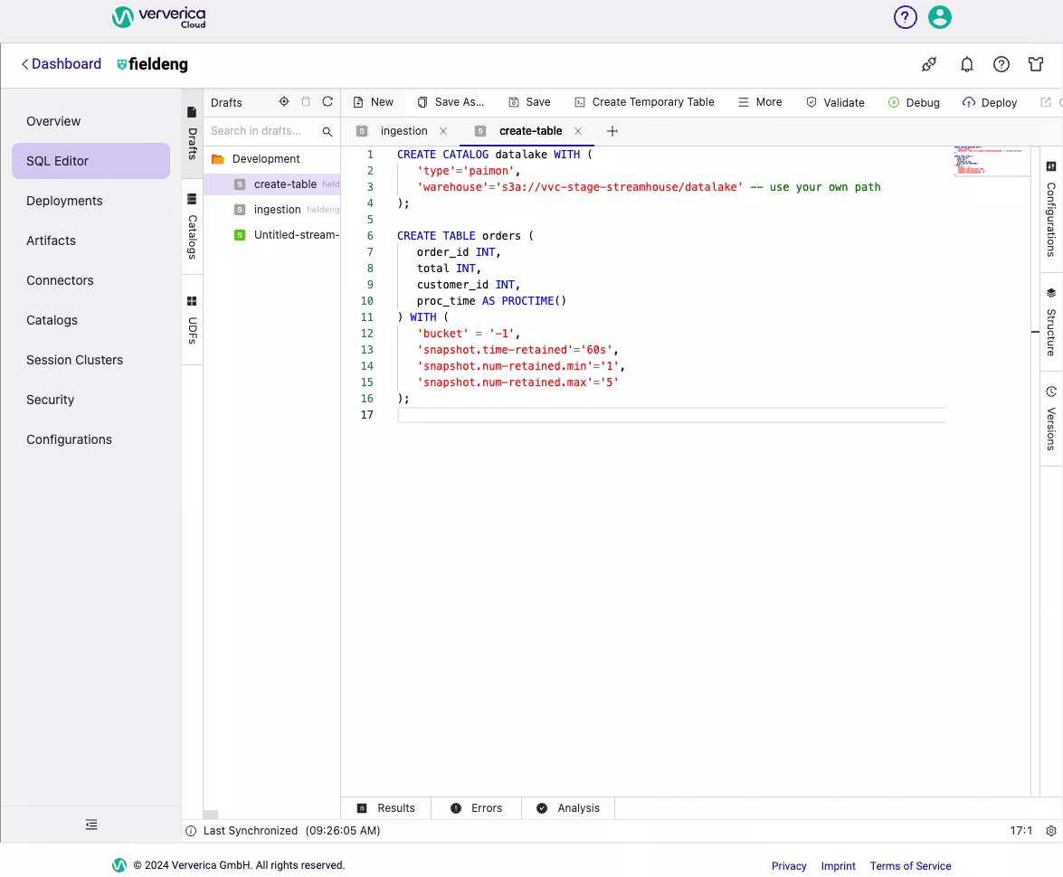 Figure 2. SQL Script to create a Paimon catalog and one table.