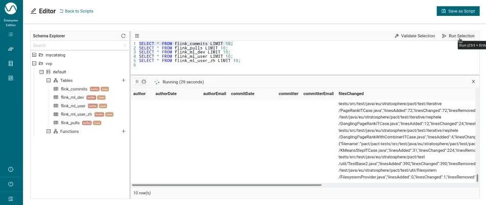 Ververica Platform SQL editor running SELECT queries on flink_commits and other tables, with results in the preview pane.