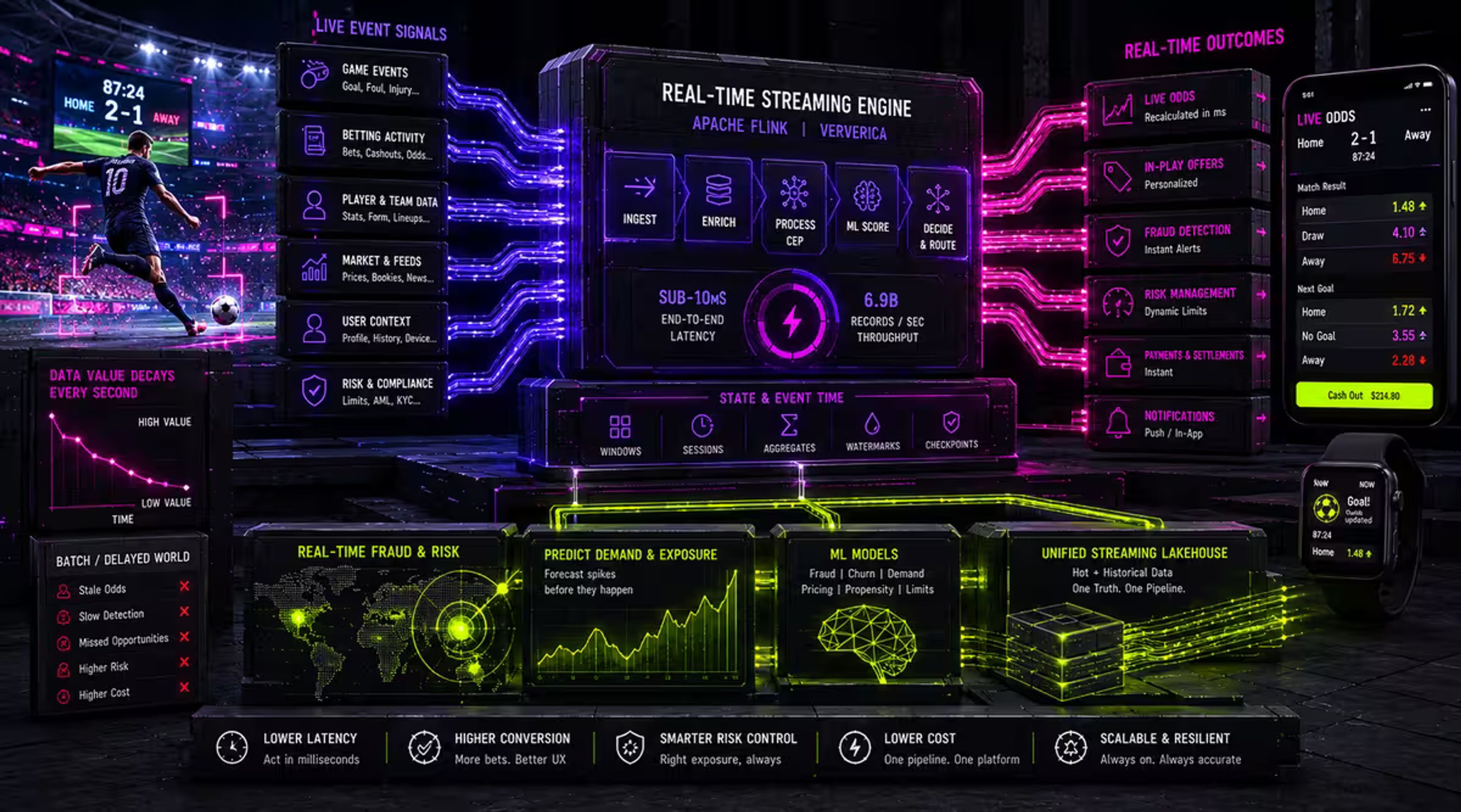 Sports betting: a Flink streaming engine turns live game and betting data into live odds, in-play offers and fraud alerts