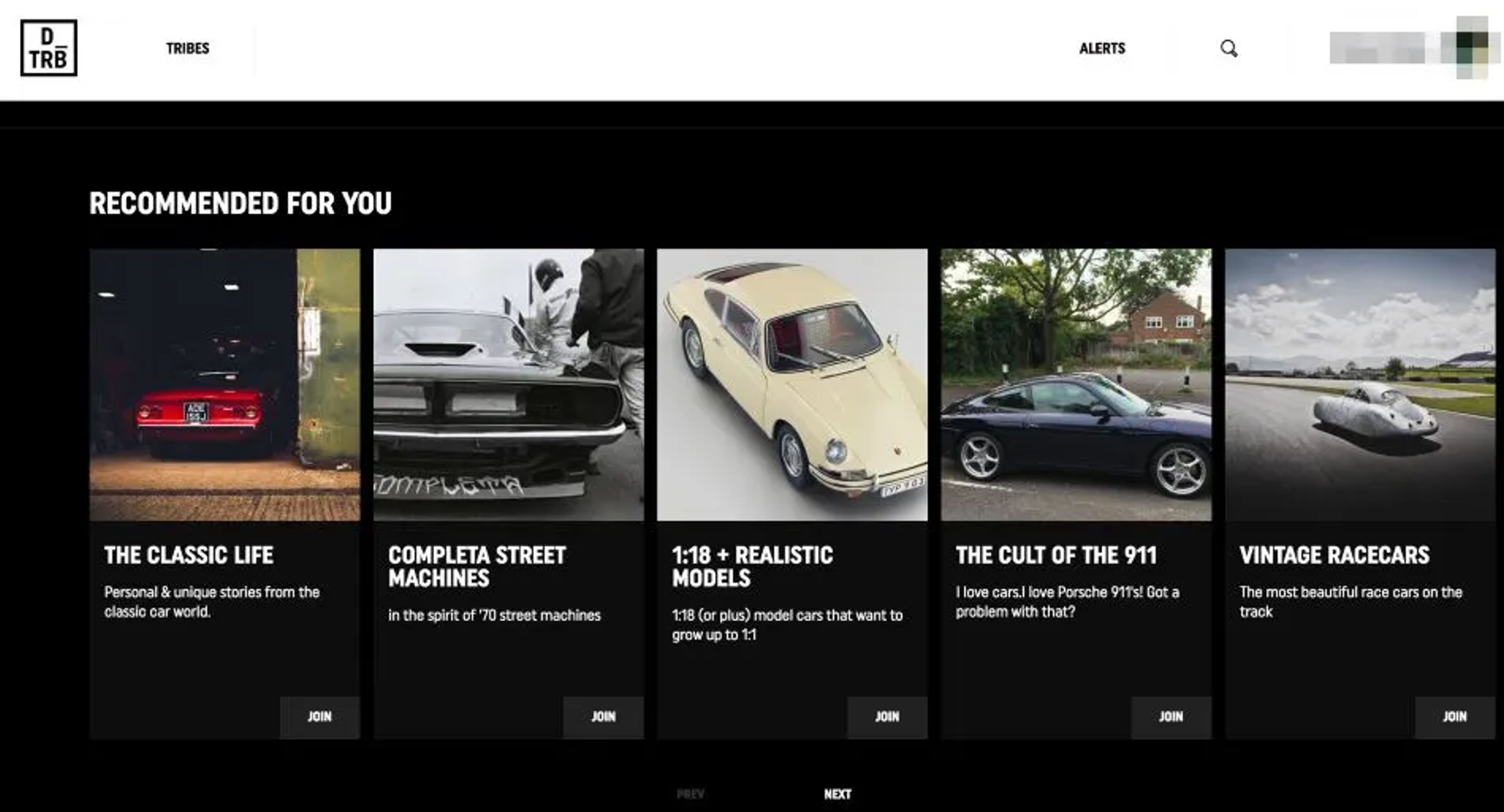 Screenshot: recommended tribes on Drivetribe