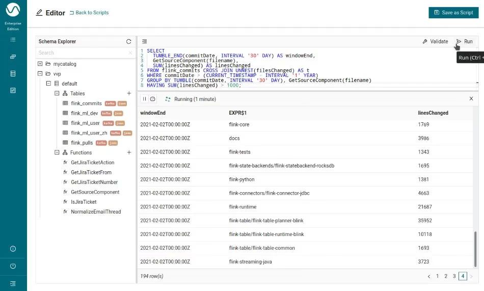 SQL editor query using the GetSourceComponent UDF to sum lines changed per Flink module, led by the Flink table planner module.