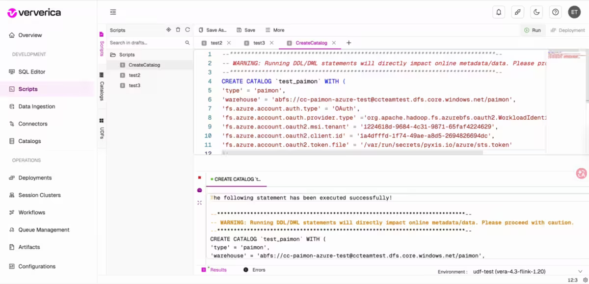 Figure Two: Ververica Platform SQL Scripts editor showing a CreateCatalog script with Azure Data Lake Storage configuration