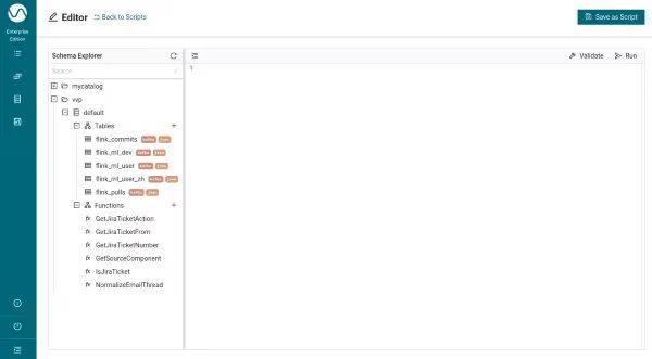 Ververica Platform SQL editor Schema Explorer listing the newly registered UDFs under Functions in the default catalog.