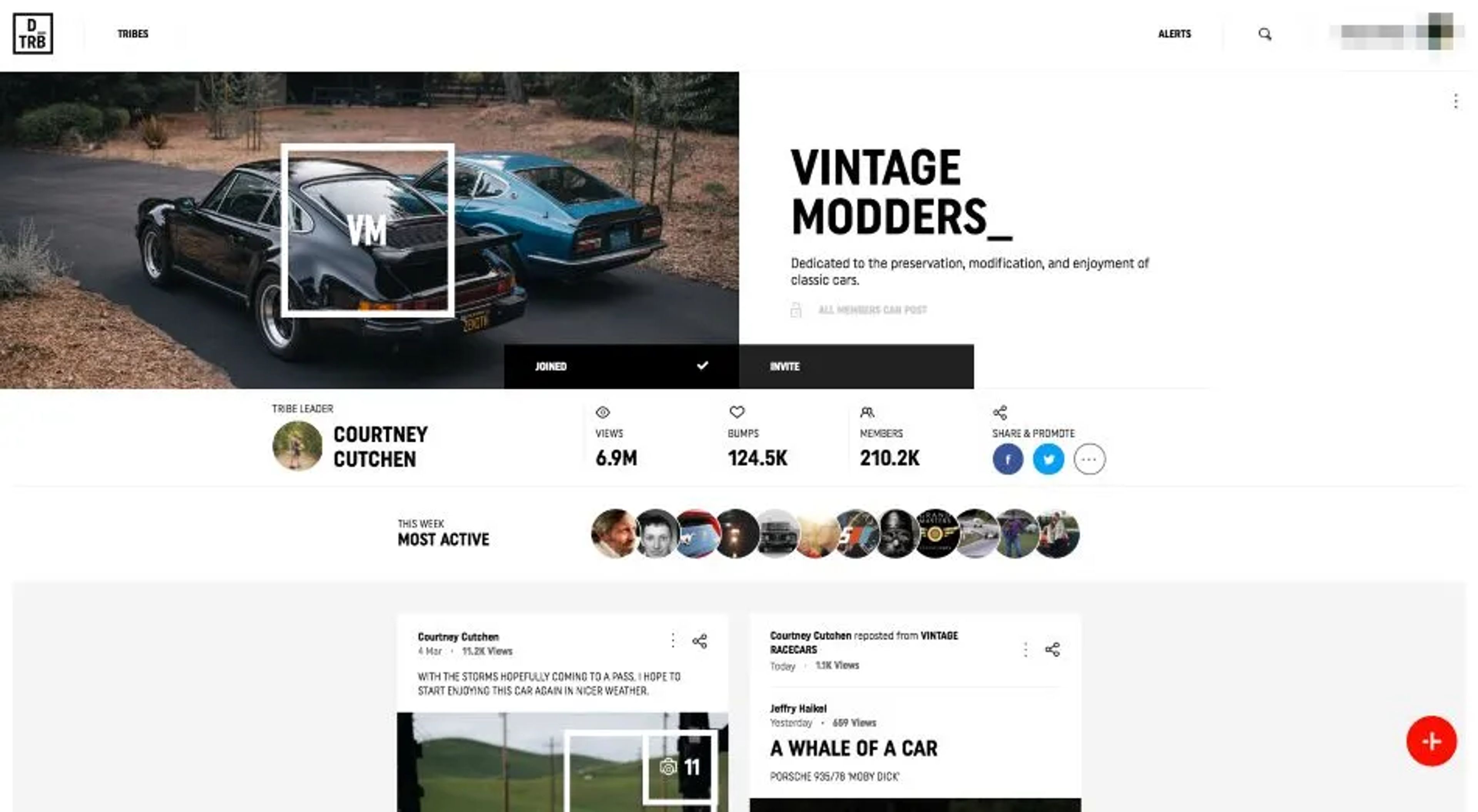 Screenshot: the Vintage Modders tribe page with its tribe leader, views, bumps and members