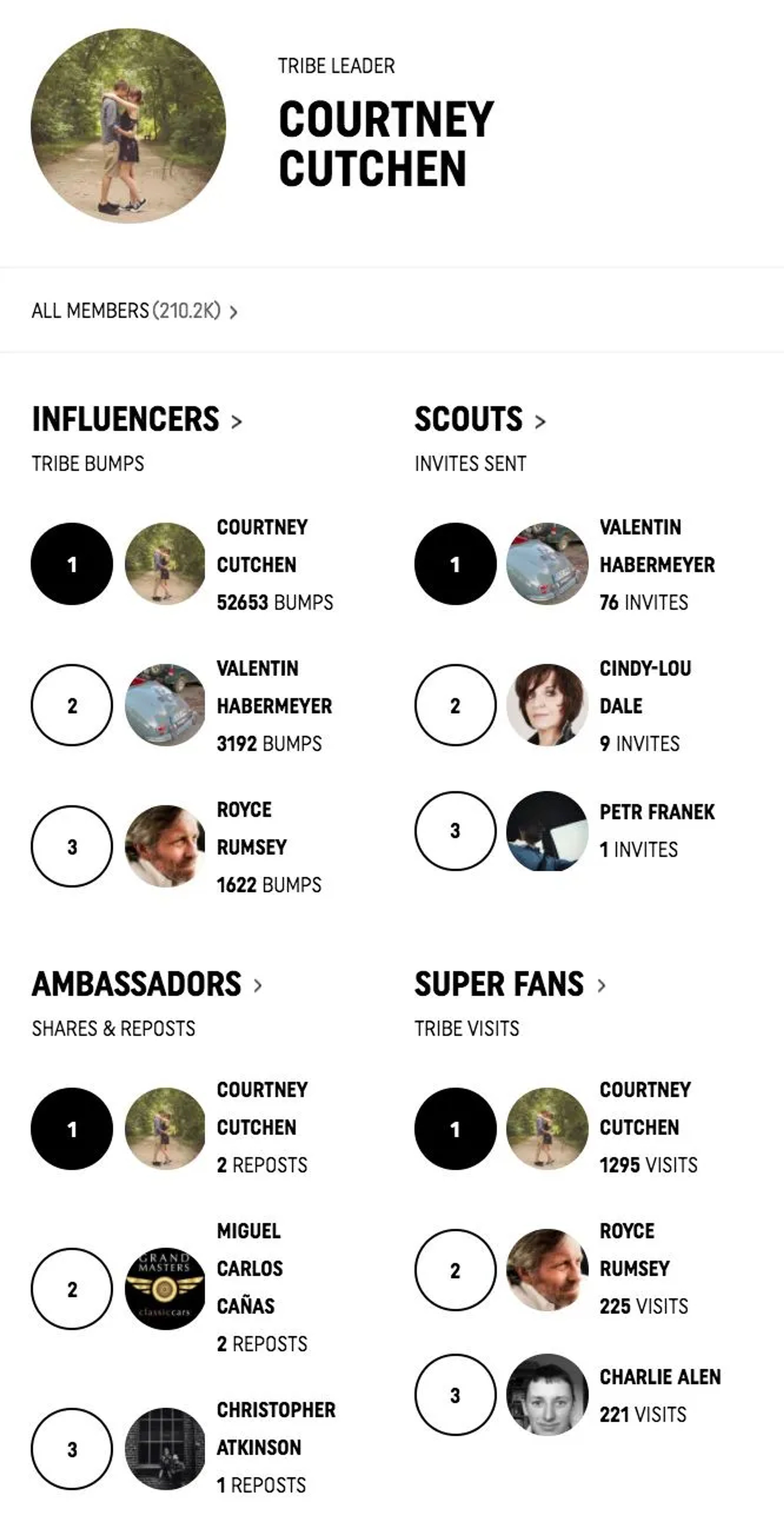 Screenshot: a tribe leaderboard with influencers, scouts, ambassadors and super fans