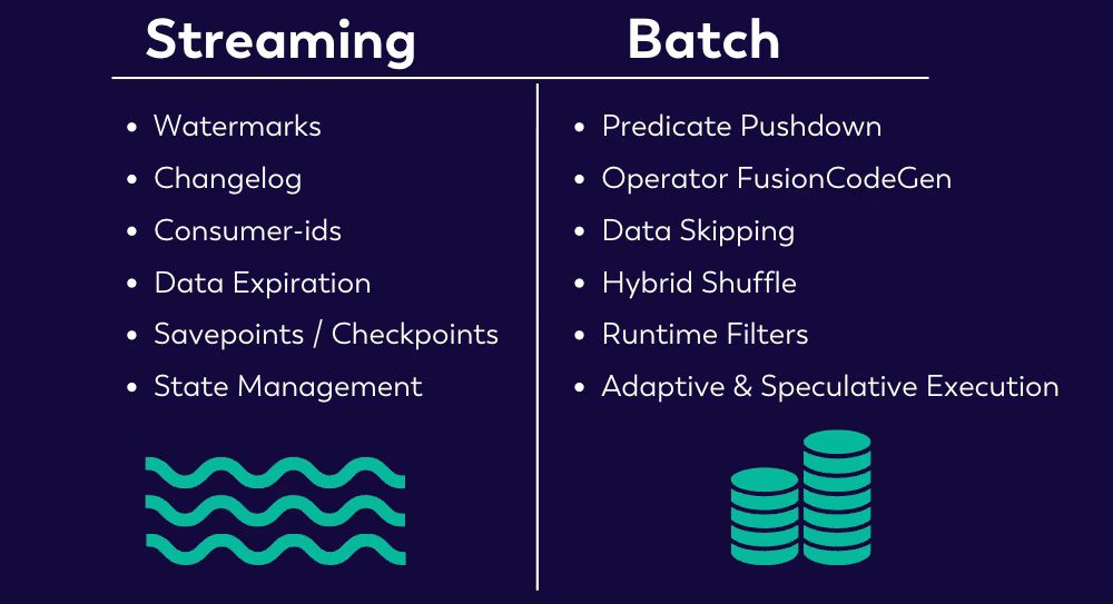 Streaming features (watermarks, changelog, checkpoints, state) versus batch features (predicate pushdown, data skipping)