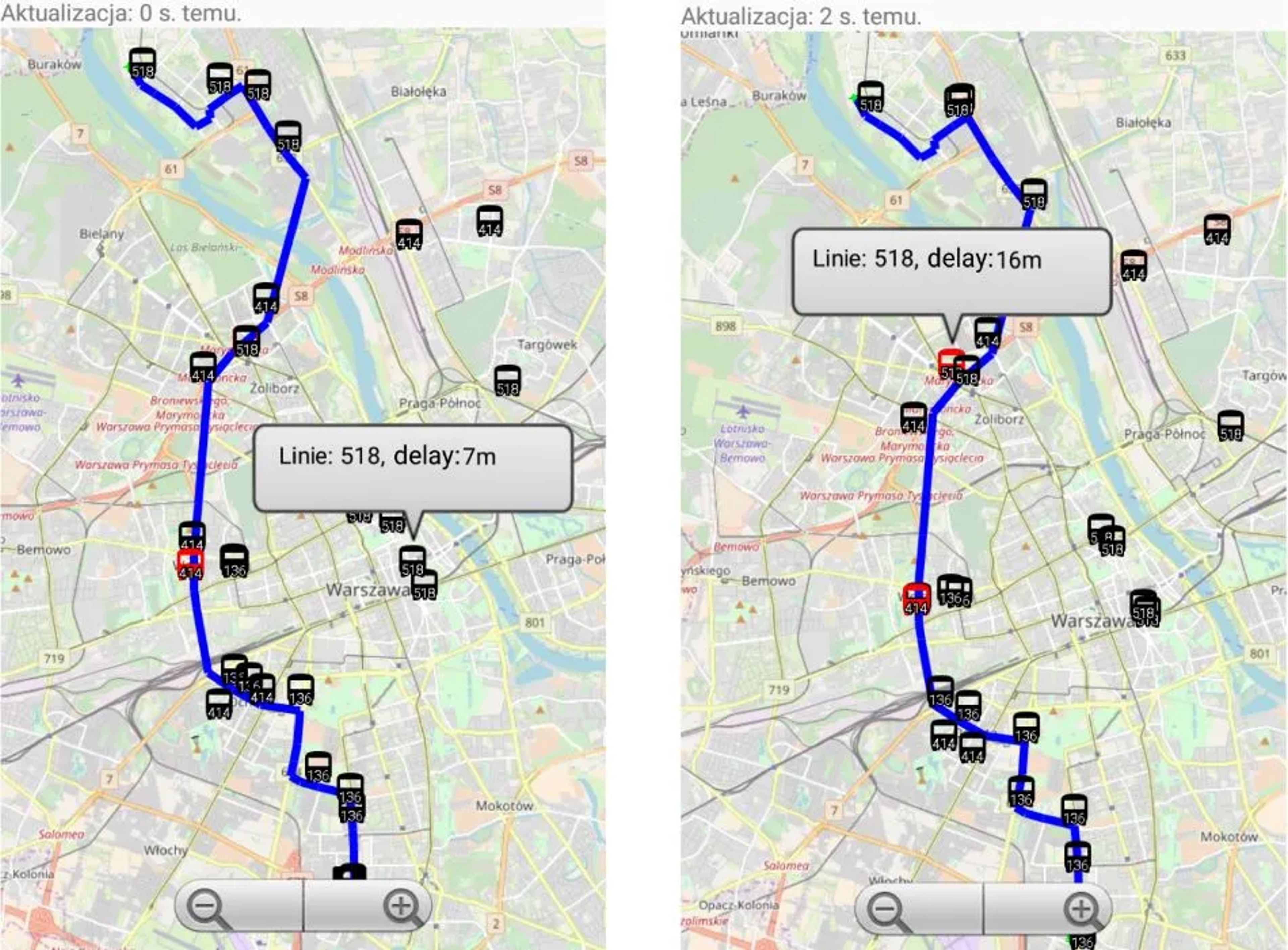 Mobile map of Warsaw showing the route of line 518 with live vehicle positions and delay labels of 7 and 16 minutes.