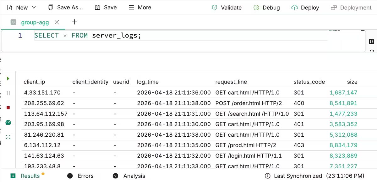 Ververica SQL editor previewing live results of SELECT * FROM server_logs, with client IPs, requests and status codes.