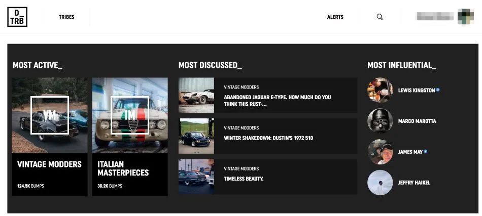 Screenshot: the Drivetribe home page with the most active, most discussed and most influential tribes