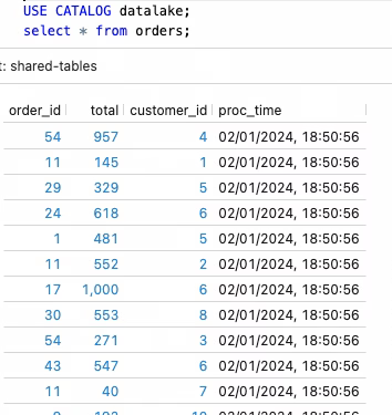 Figure 6. Data sample from the Paimon table “orders”.