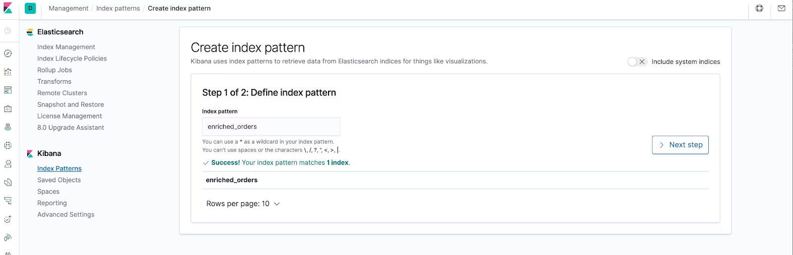 Kibana Create index pattern screen with enriched_orders matching one Elasticsearch index