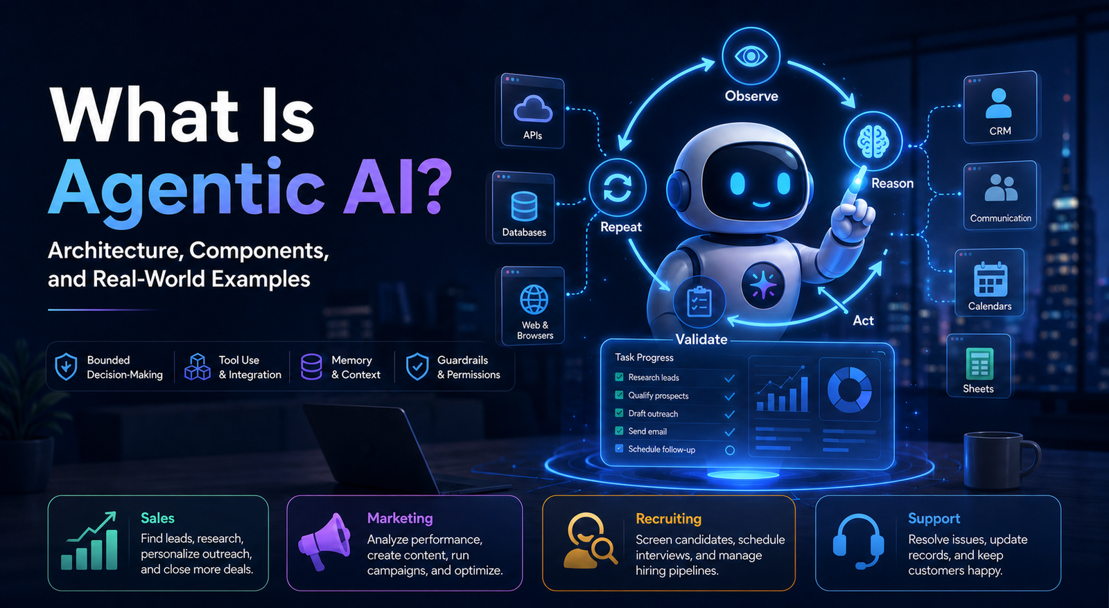 Diagram explaining agentic AI architecture, including observation, reasoning, actions, validation, tools, memory, guardrails, and business applications.