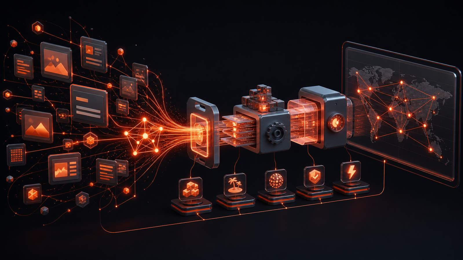 Abstract static-first web architecture transforming modular pages into a fast global delivery network