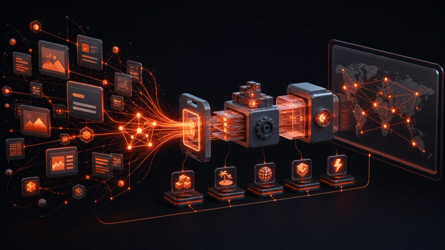 Abstract static-first web architecture transforming modular pages into a fast global delivery network