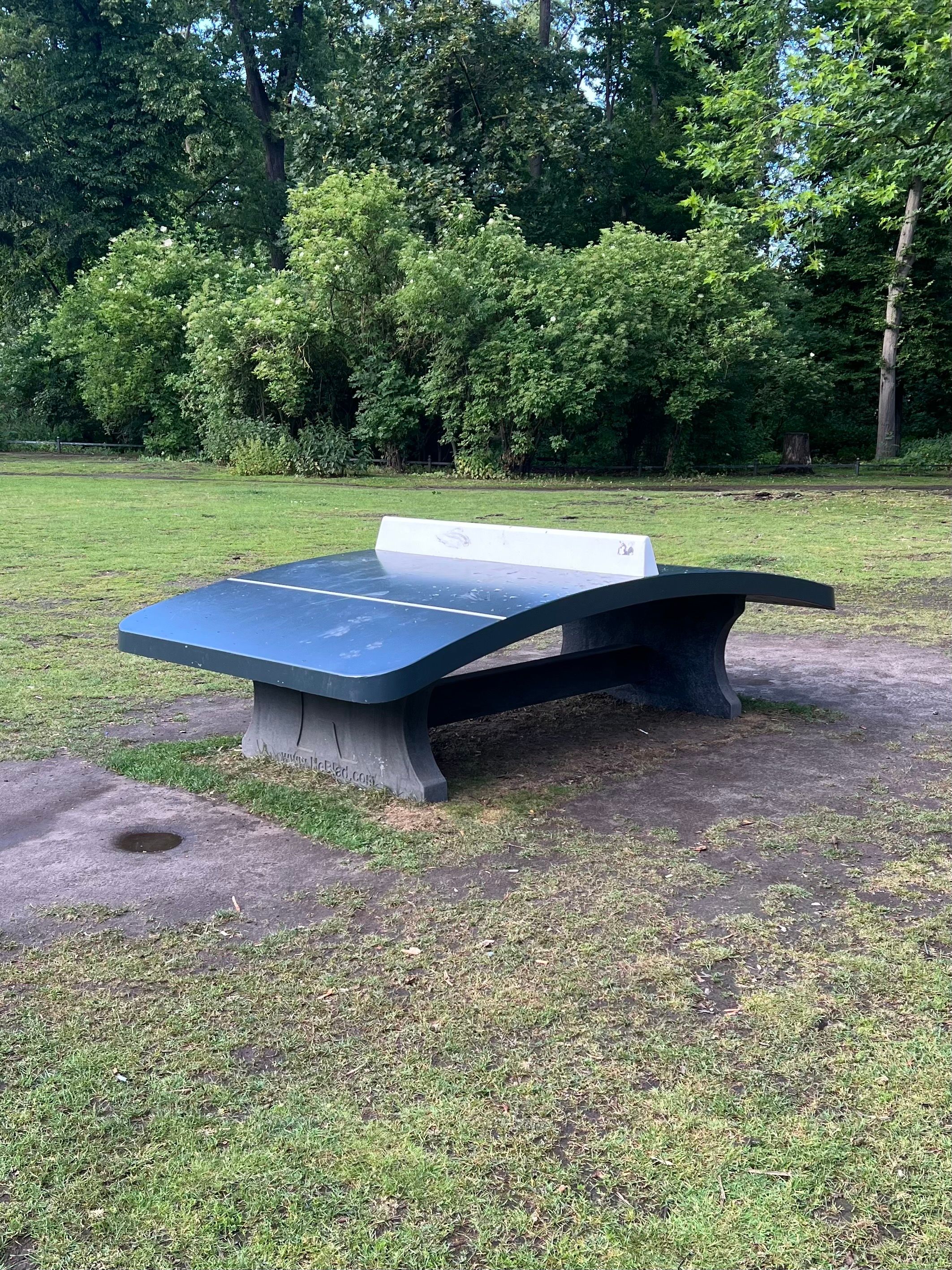 A weathered concrete ping pong table with a green surface stands on a bare dirt patch in a park surrounded by grass and dense green trees.