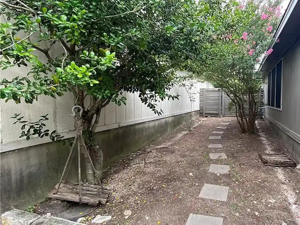 Stone path with trees and old swing