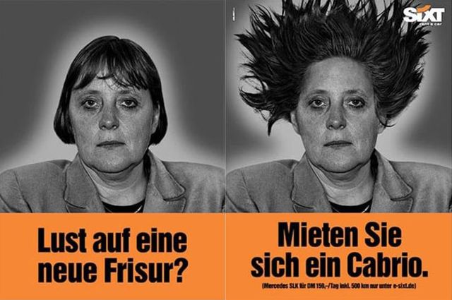 Billboard Sixt nawiązujący do fryzury Angeli Merkel.
