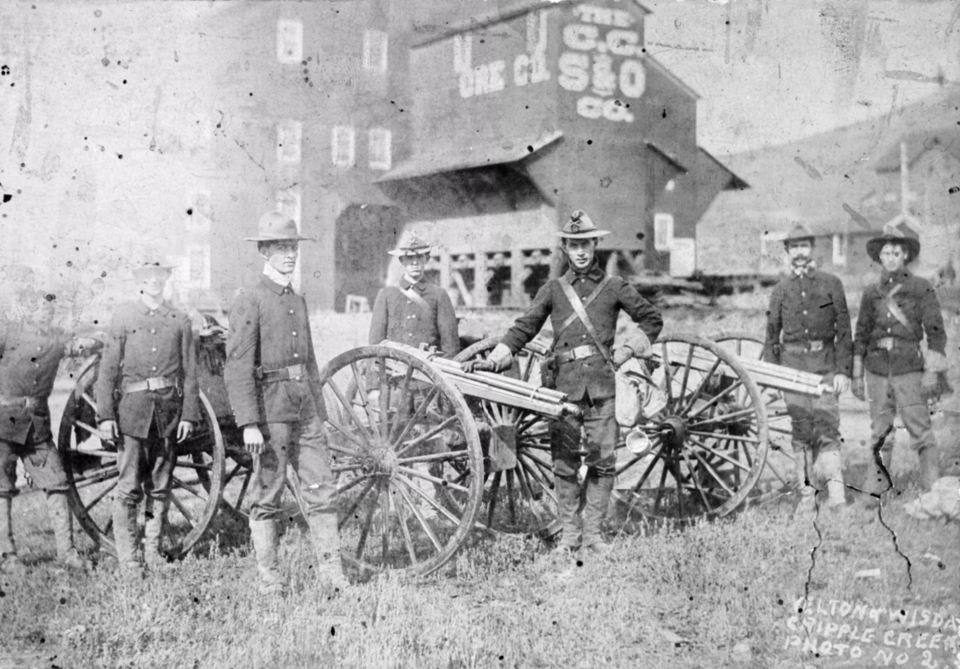 The Gatling gun — hand-cranked rotating-barrel weapon, the first attempt at sustained automatic firepower