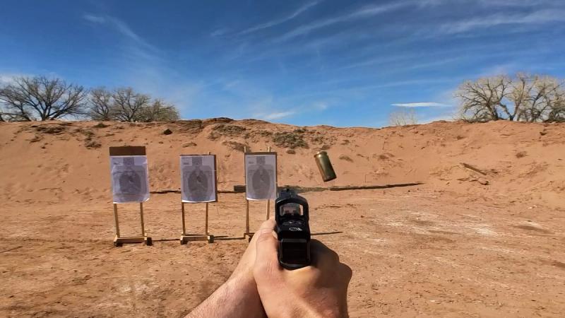 El Presidente drill start position, shooter back to three targets at 10 yards