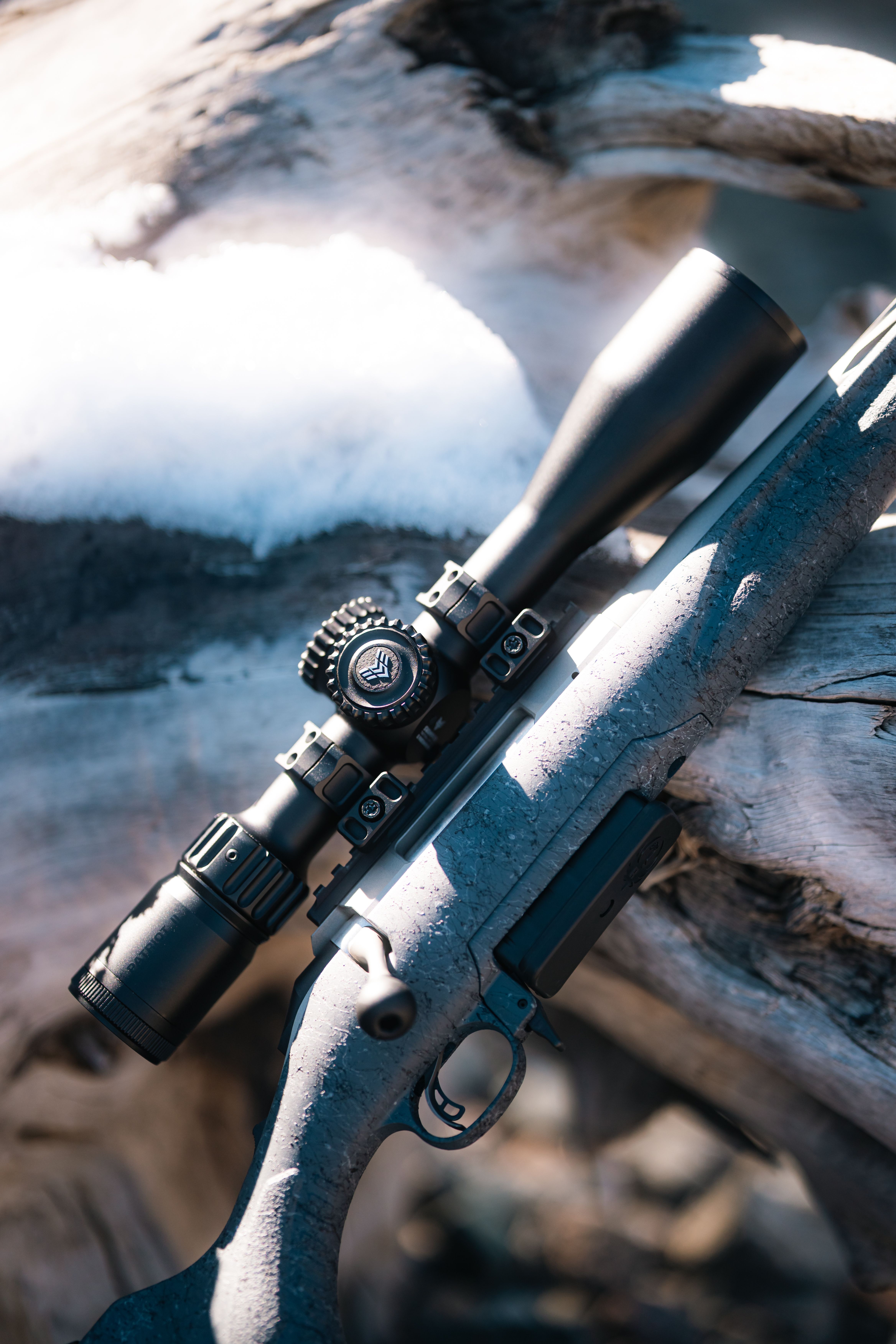 Rifle with Patriot II leaned against a log outdoors in the field