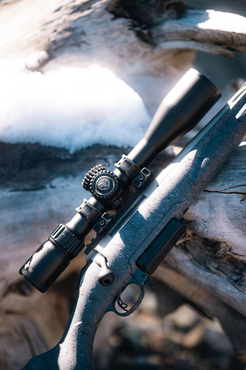 Rifle with Patriot II leaned against a log outdoors in the field