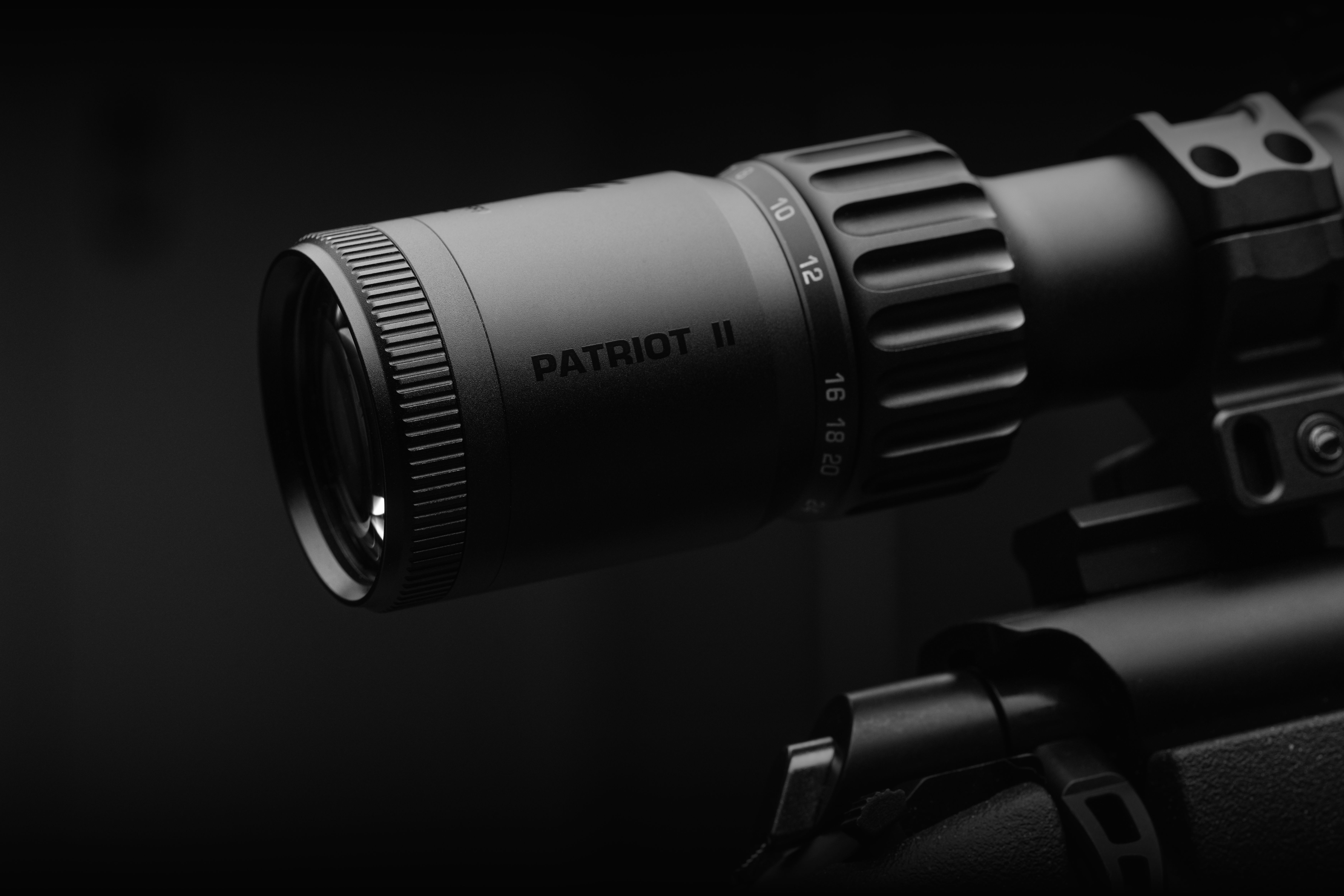 Detail shot of the Patriot II showing the Patriot II text printed on the scope and the magnification ring