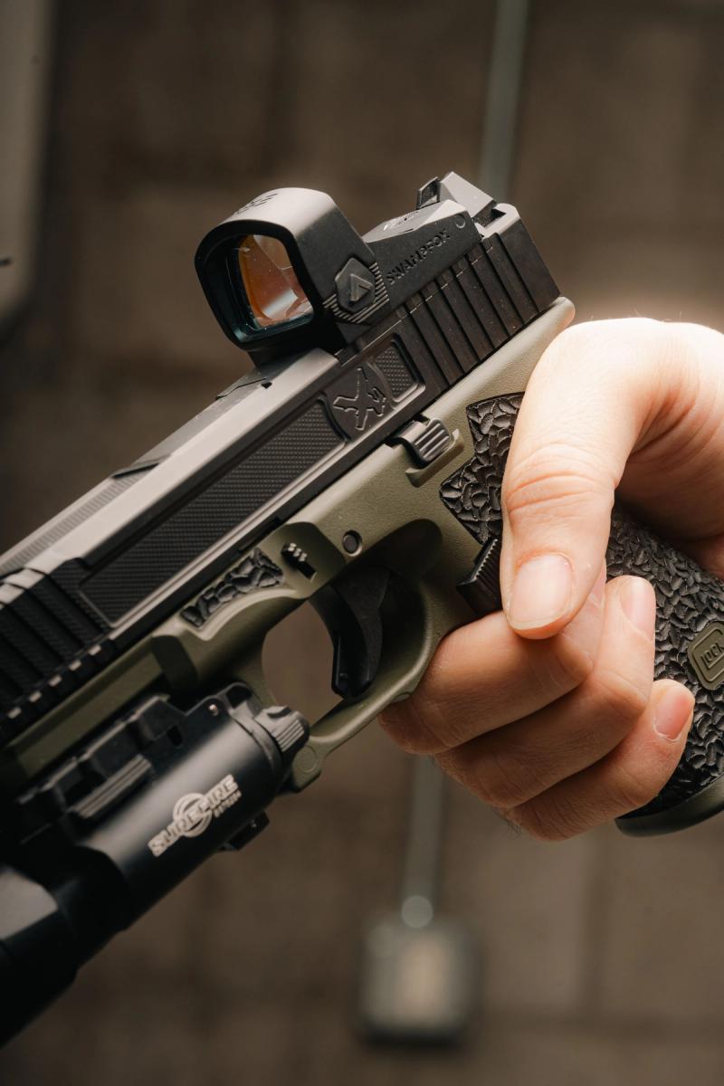 Closeup of a Liberty II red dot optic mounted on a Glock