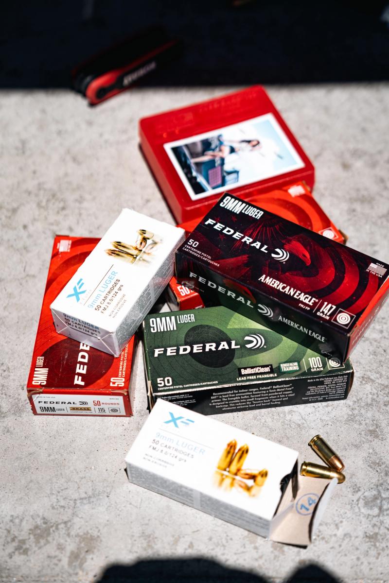 A range of 9mm factory ammunition boxes in various grain weights