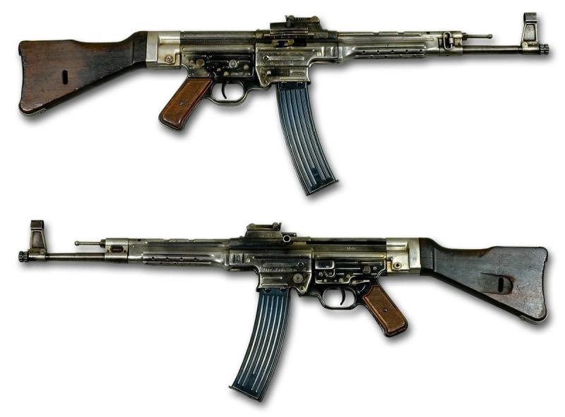 StG 44 flat lay on white, the first production assault rifle chambered in the 7.92x33mm Kurz intermediate cartridge