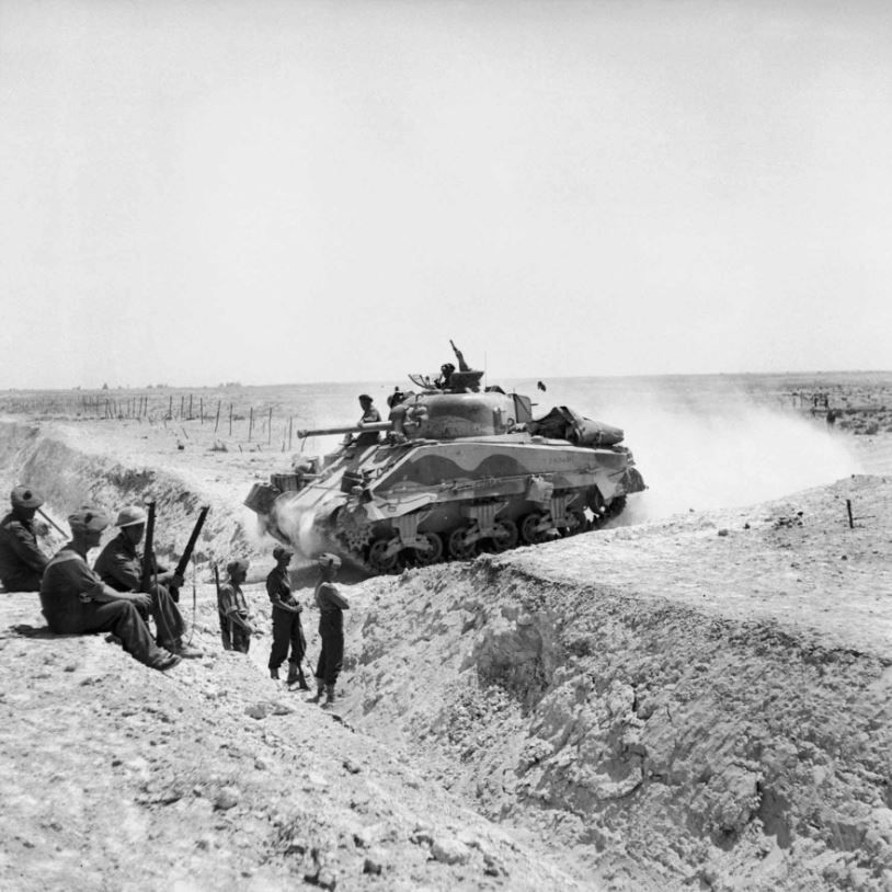 A tank advancing through the North African desert, the theater where Sal first experienced combat